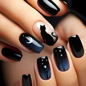 🐈‍⬛ 🎃 Halloween Black Cat Moon Star Press On Nail Set